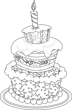 Outlined birthday cake. Vector illustration coloring page