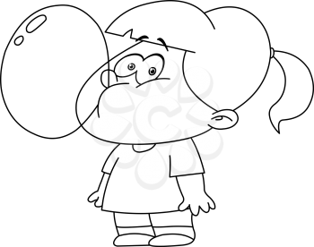 Outlined little girl blowing bubble from gum. Vector illustration coloring page
