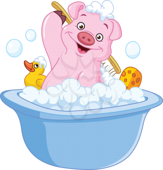 Pig taking a bath