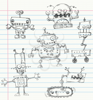 Robot doodles on a notebook paper