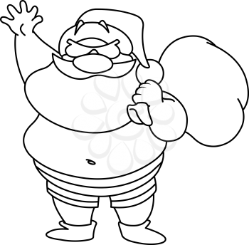 Outlined Santa Claus on the beach wearing swimsuit, carrying sack of presents and waving with his hand. Vector line art illustration coloring page.