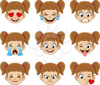 Emoji face expressions collection of a young girl with ponytails