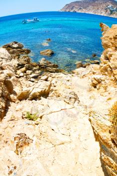 in      greece the mykonos island rock sea and beach    sky