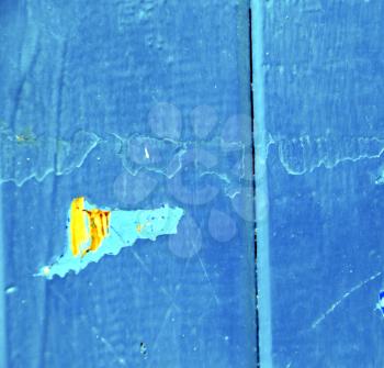 stripped paint in the blue wood door and rusty nail