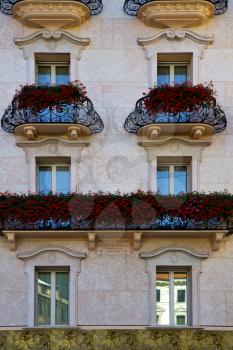 old wall and flower terrace in the   centre   of city lugano Switzerland Swiss
