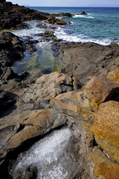 salt in lanzarote  isle foam rock spain landscape  stone sky cloud beach   water 
