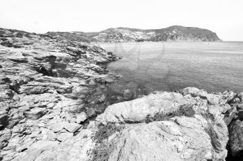 in greece the mykonos island rock sea and beach  blue sky