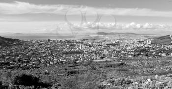 blur  in south africa cape town city skyline from table mountain sky ocean and house