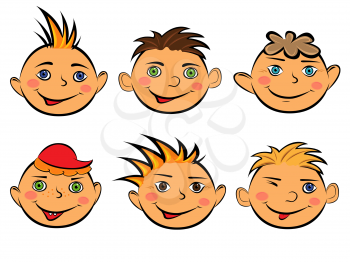 Set with six funny faces of smiling boys on white background, hand drawing cartoon vector illustration