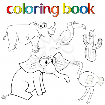 Set of animals for coloring book with rhino, toucan, elephant and ostrich, and prickly cactus, cartoon vector illustration