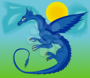 Blue dragon during the flight against the background of sky, sun and clouds. Hand drawing cartoon vector illustration