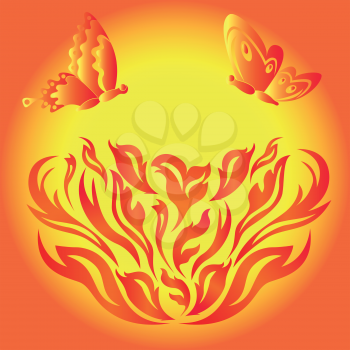Butterflies over a flower fiery, hand drawing stylized vector illustration