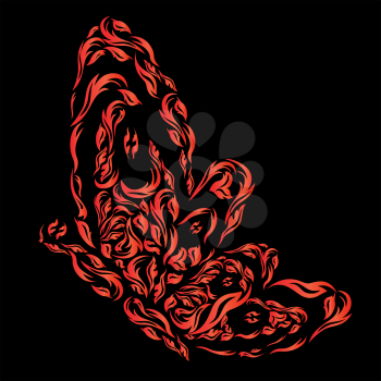 Red fiery butterfly on the black background, hand drawing stylized vector illustration