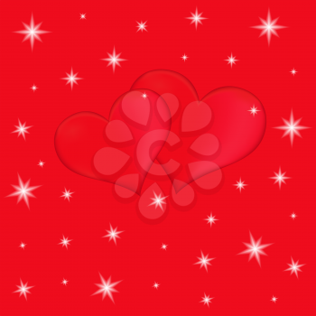 Two red hearts on a red background with stars, vector Valentines greeting card