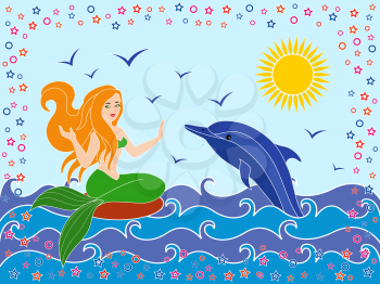 Dolphin and Mermaid as a mythical girl on the sea waves in the warm season, hand drawing vector illustration