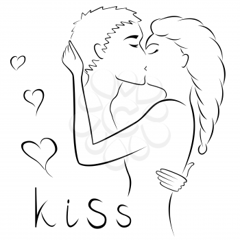 Abstract young couple kissing contour, black over white hand drawing vector artwork