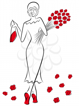 Graceful lady in a long dress with a bouquet of red roses goes away, hand drawing sketching vector artwork