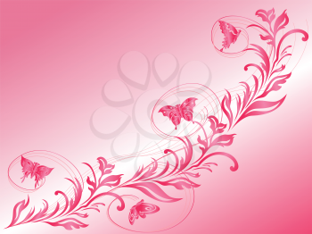 Butterflies flying a beautiful twig, hand drawing stylized vector greeting card in pink tints