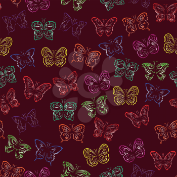 Editable vector seamless pattern with colorful gradient butterflies on a background of dark cherry color