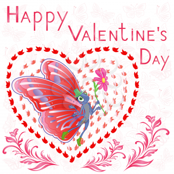 Happy Valentines Day, butterfly with flower on the background of heart and butterflies, hand drawing stylized vector greeting card in pink tints