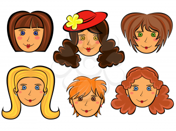 Set with six funny women faces on white background, hand drawing cartoon vector illustration