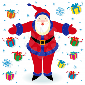 Happy Santa Claus and many gifts, hand drawing cartoon vector illustration