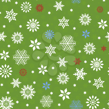 Seamless vector pattern with many snowflakes over green seamless background