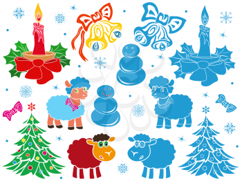 Set of Christmas and New Year vector stencils in colorful and monochrome blue performing