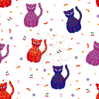 Seamless vector illustration with various multicolor stylized cats