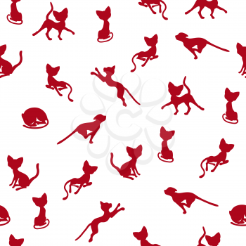 Seamless vector illustration with dark red cat silhouettes over white background 
