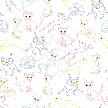 Seamless vector illustration with colorful cat contours over white background 