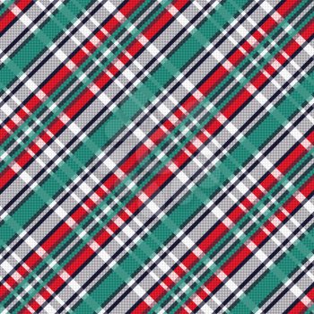 Diagonal seamless vector pattern as a tartan plaid mainly in turquoise, light grey and red colors