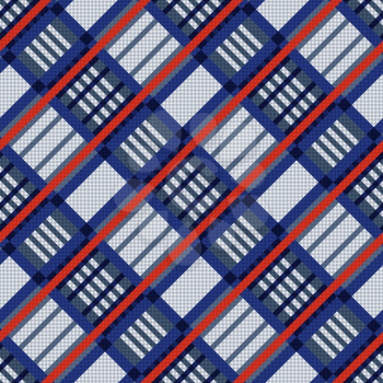 Diagonal seamless vector pattern as a tartan plaid fabric mainly in blue, red and light grey hues