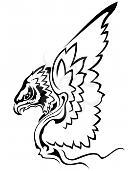 Eagle with raised wings, side view cartoon vector outline