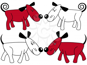Four funny dogs, Red and White symmetrically standing, hand drawing vector artwork