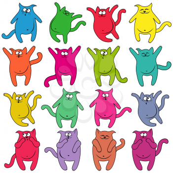 Set of sixteen thick funny cats of different colors, cartoon vector illustration