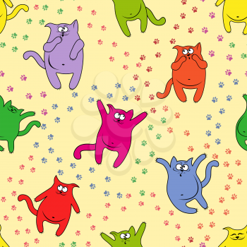 Amusing color cats with traces of paws on seamless vector pattern