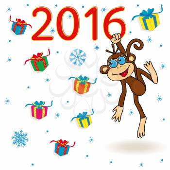Monkey holds for the digit of inscription 2016 and hangs on it, cartoon vector artwork on the winter background with many gifts and snowflakes