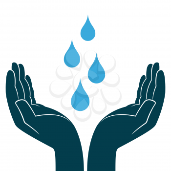 Blue water drops in human hands, conceptual ecologic vector illustration