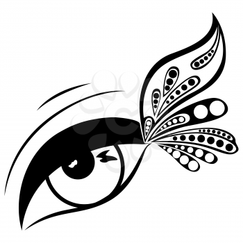 Human eye with patterned butterfly wing on the outer eye corner, black vector illustration isolated on a white background