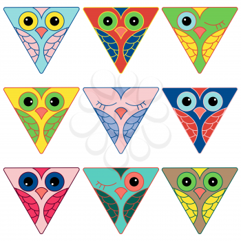 Set of nine funny colored owl faces placed in triangular shapes and isolated on a white background, cartoon vector illustration as icons