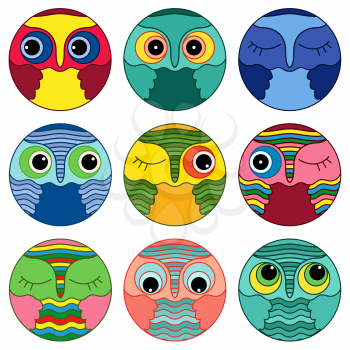 Set of nine amusing colorful owl faces placed in a circles and isolated on a white background, cartoon vector illustration as icons