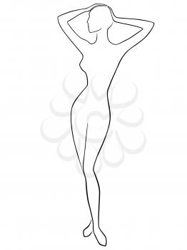 Abstract graceful slender female posing with hands on head, vector outline