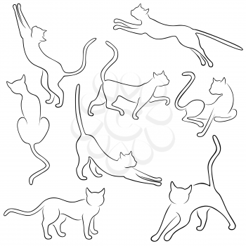 Set of eight black vector outlines of funny domestic cats in different poses on a white background, hand drawing illustration