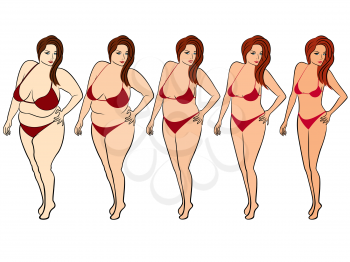 Five stages of a woman on the way to lose weight, colorful vector illustration isolated on white background