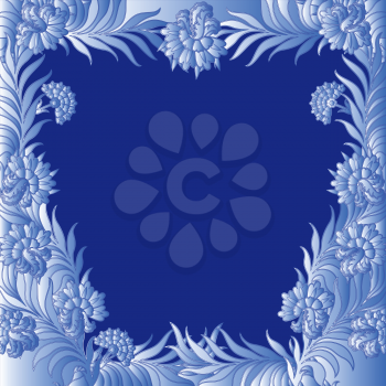 Pattern with a frame of bluish frozen flowers along the perimeter same as hoarfrost on window, hand drawing vector illustration