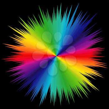 Abstract variegated pattern with colored radial beams of visible spectrum on a black background, vector illustration