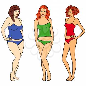 Females with different weight and figures isolated over white, hand drawing colourful vector illustration