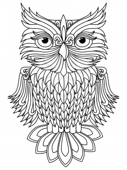 Amusing big owl black outline isolated on the white background, cartoon vector artwork