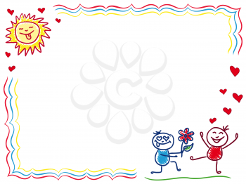 Boy on one knee gives a flower to a girl, hand drawing vector cartoon Valentine greeting card